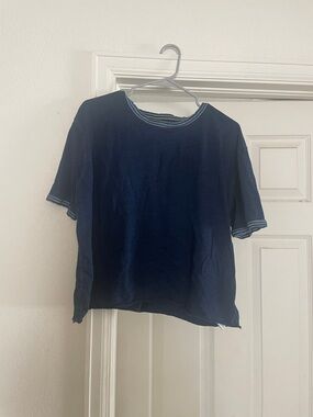 Free People Vintage-Inspired Navy Short Sleeve Tee with Contrast Stitching